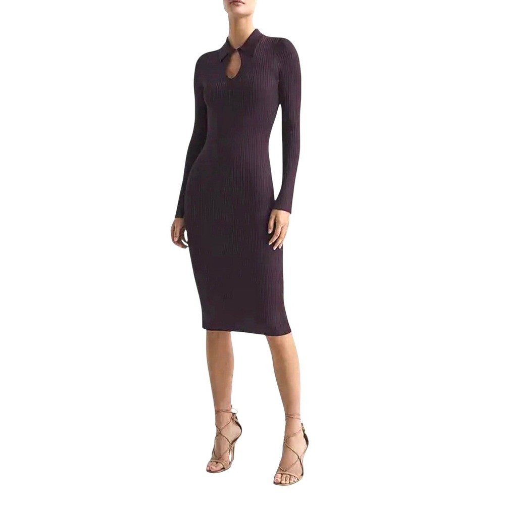 Reiss Dress Ronnie Purple Ribbed Knit Midi Long Sleeve Keyhole Size S NWT